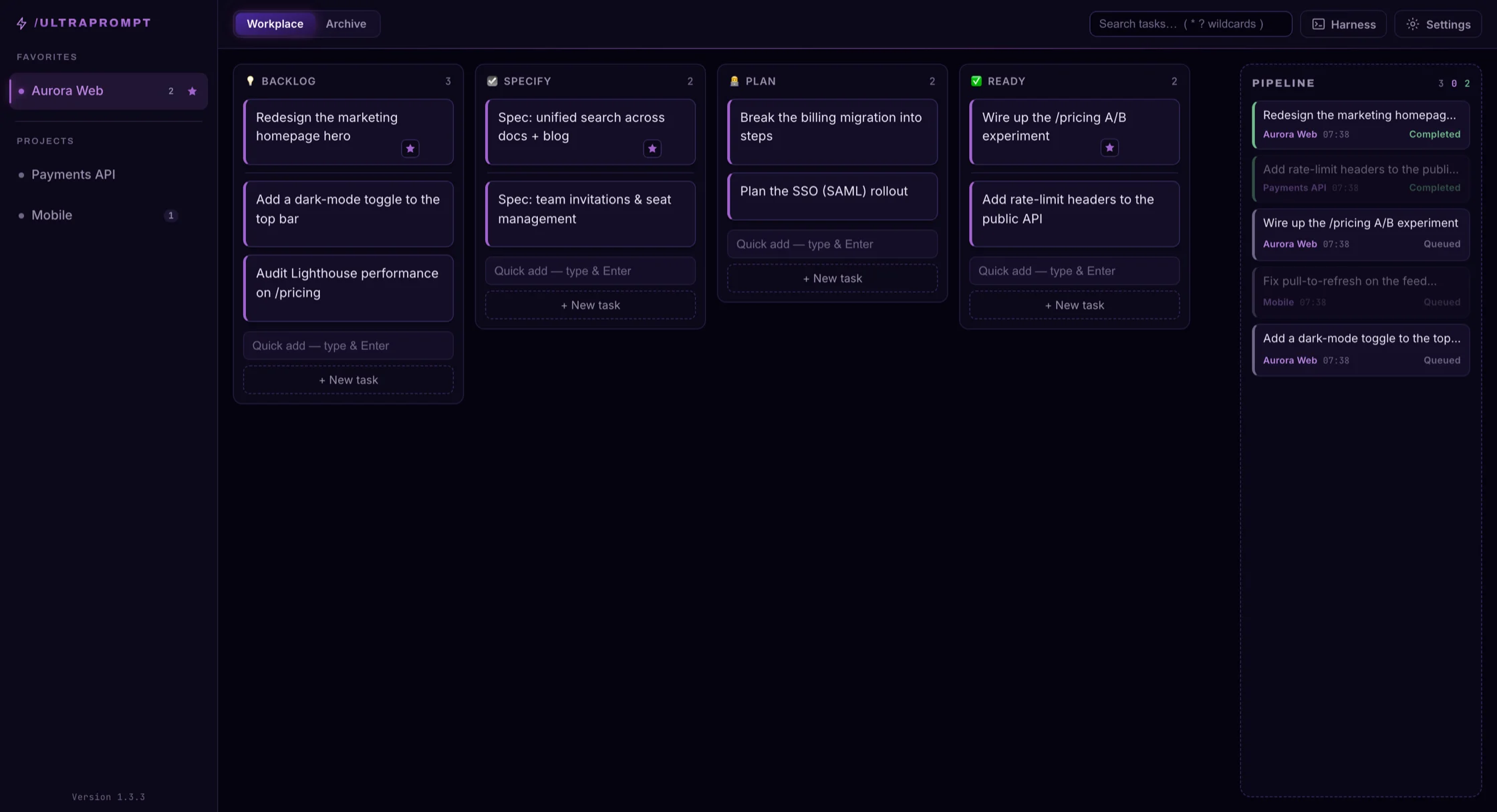 The Ultraprompt desktop app: a kanban board across Backlog, Specify, Plan and Ready lanes, with a live Pipeline panel on the right showing Queued and Completed tasks.