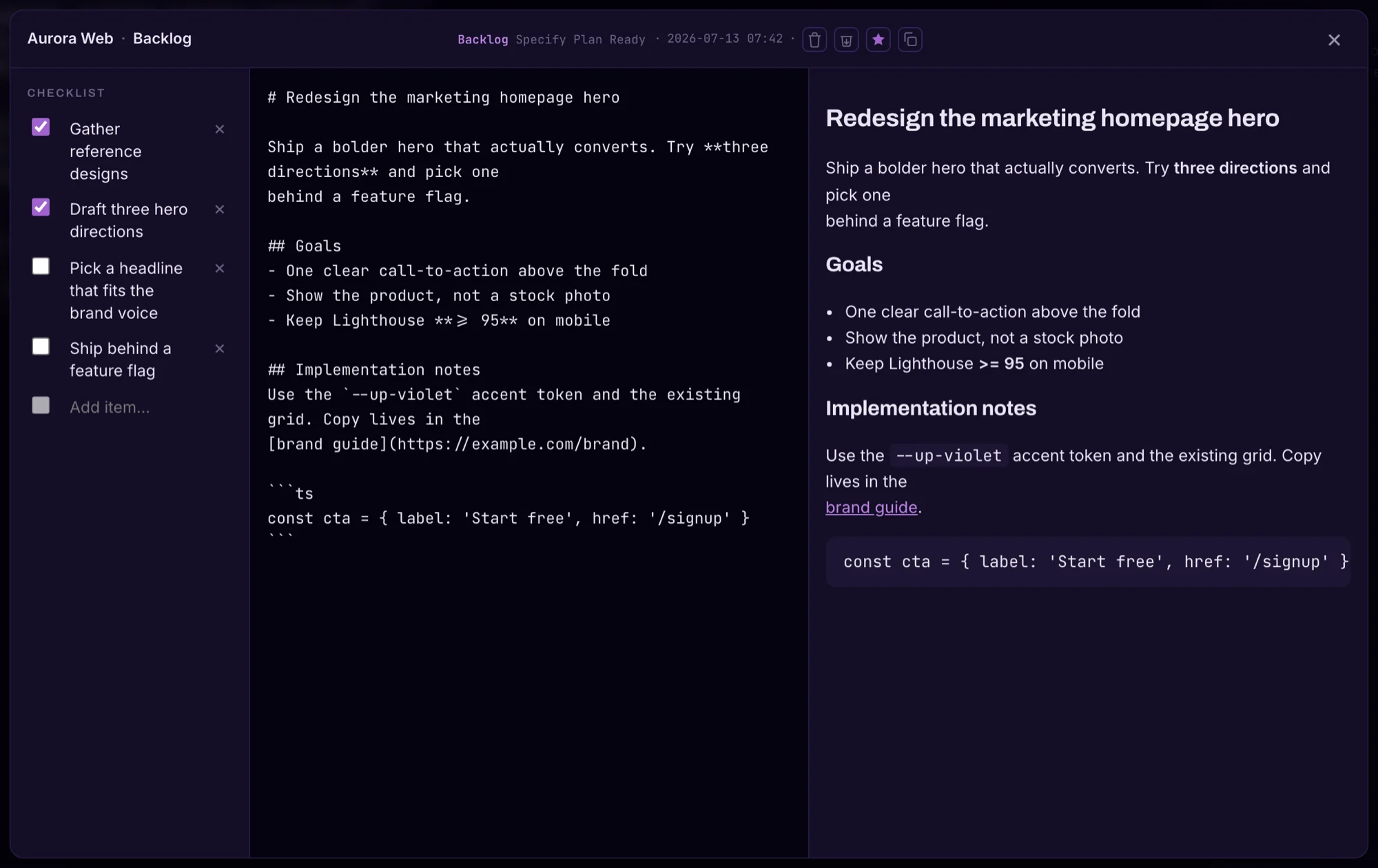 The Ultraprompt task editor with three columns: a checklist, a raw markdown editor, and a live rendered preview.